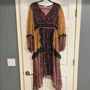 Yellow and Pink Asymmetrical Tiered Gown with Bishop Sleeves